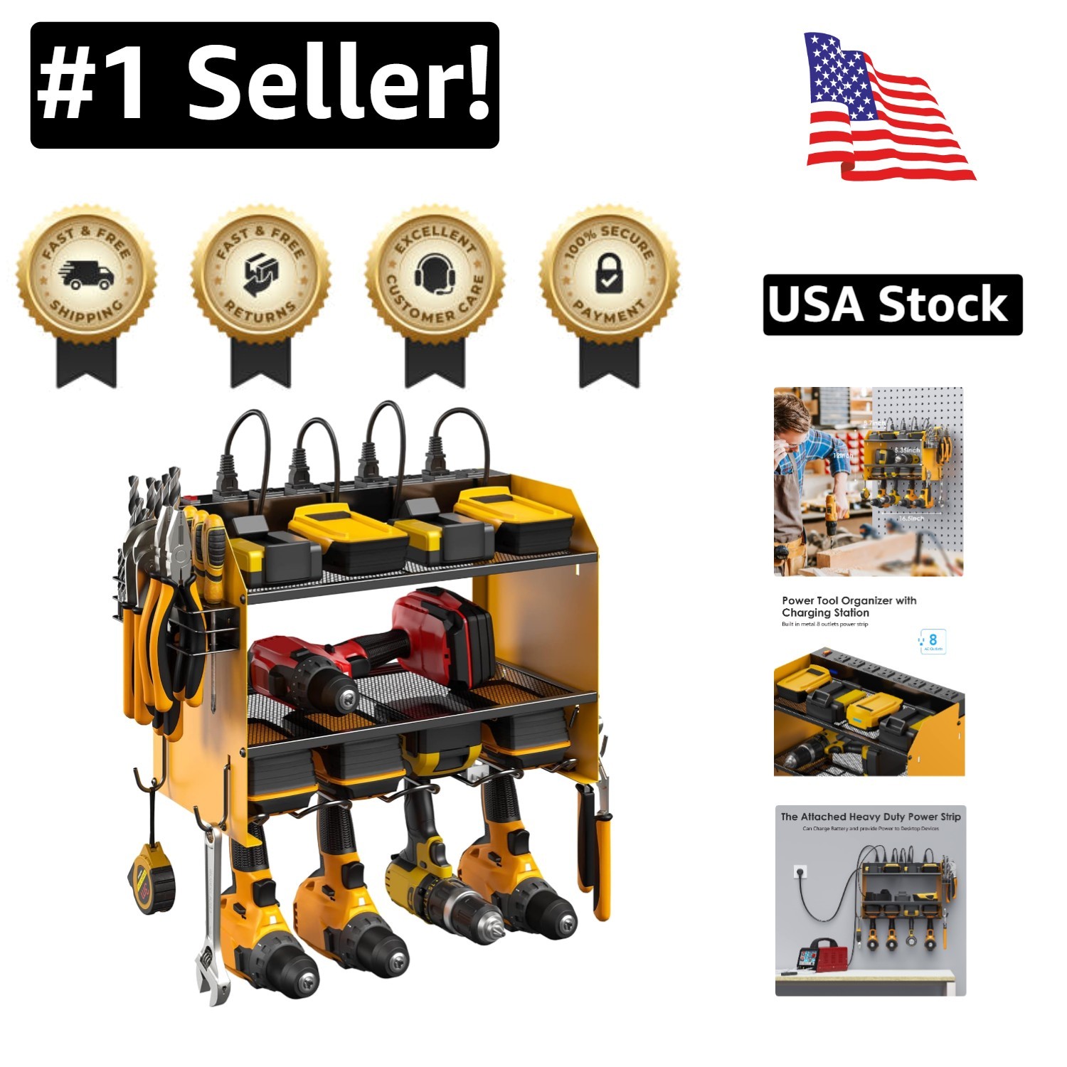 Efficient Garage 4 Drill Tool Shelf with Built-in Power Strip for Easy Charging