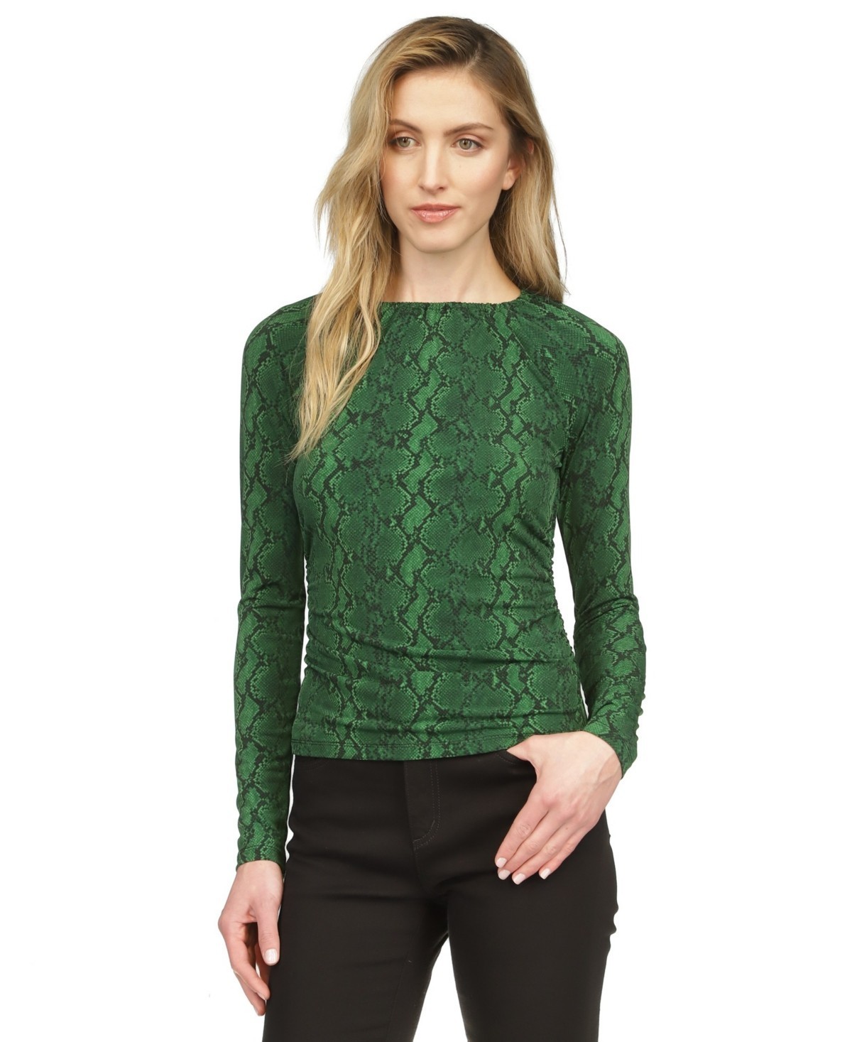Michael Kors Women's Snake-Print Long-Sleeve Top Green Size XL MSRP $78