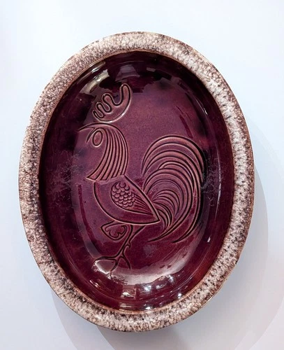 Vintage Hull Pottery 13 Inch Rooster Casserole, Oval Bowl, Brown Drip