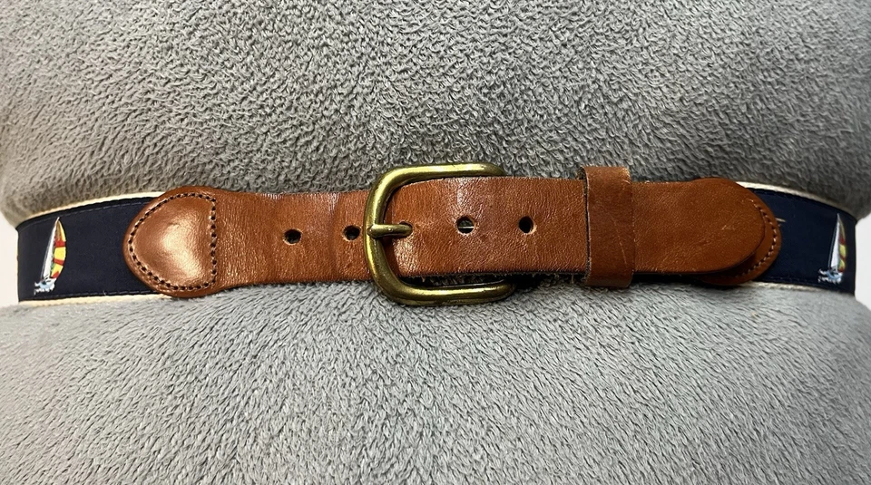 Cinto de fita de algodão masculino de couro bronze veleiro náutico marinho masculino tamanho 40 feito à mão - Imagem 4 de 4