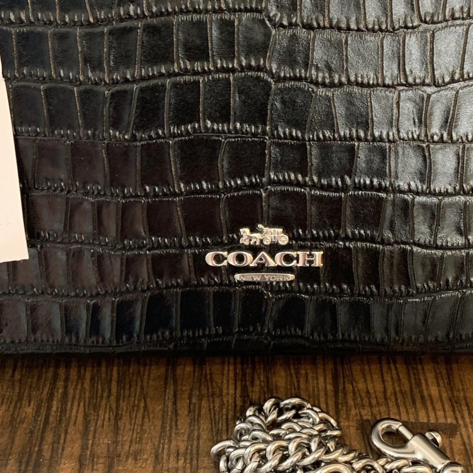 Tracolla Coach Croc in pelle goffrata nera nuova con etichetta CR237