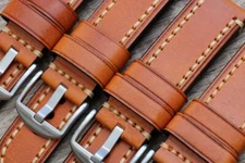 Watch Strap Genuine Cowhide Leather Tawny Amber Thick Durable Stitching 20-26mm