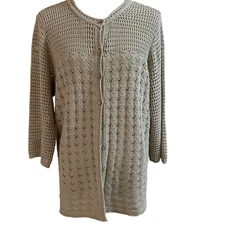 Hasting & Smith Open Weave Cardigan Plus Size 1X Beige 100% Cotton Long Line