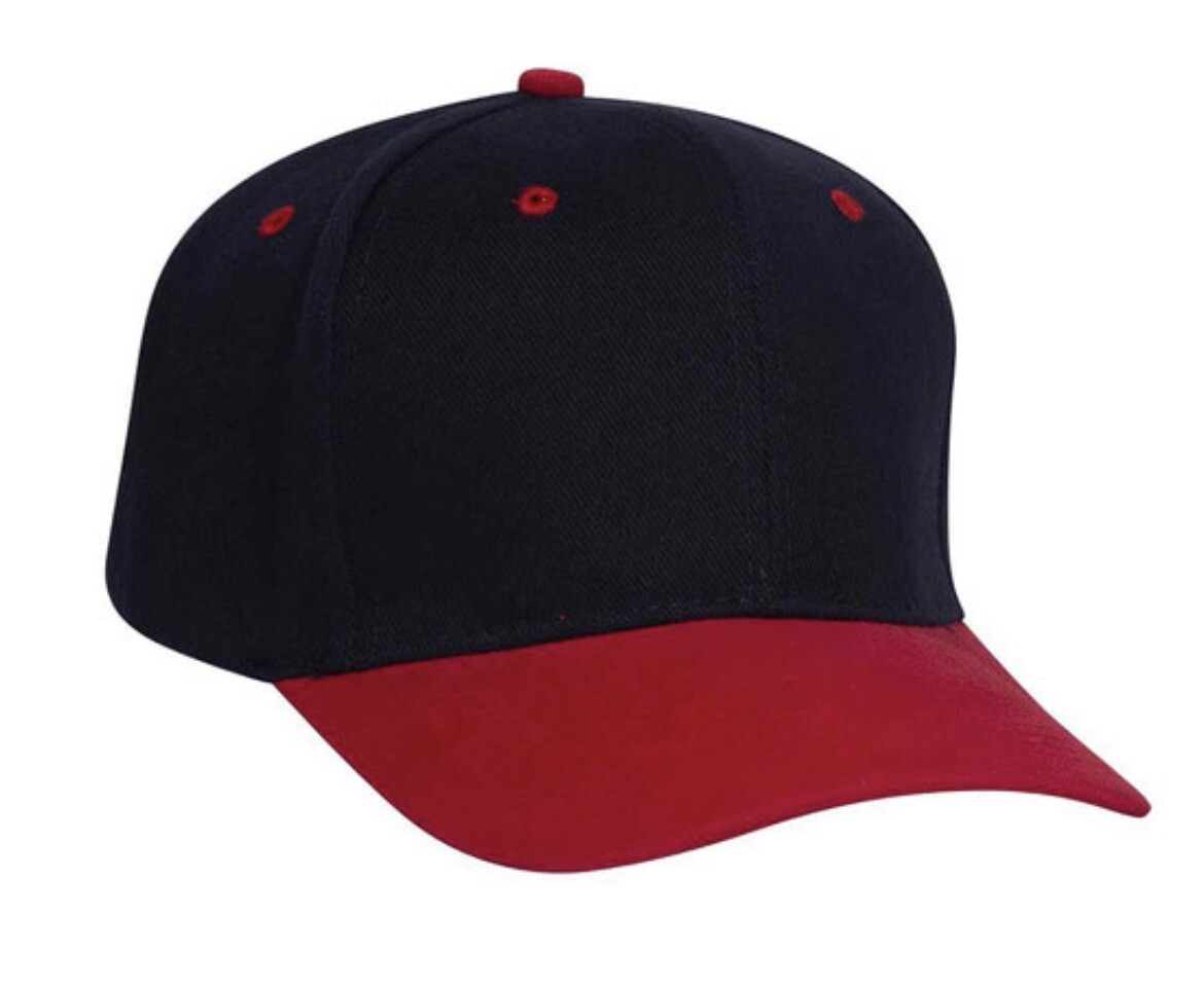 VINTAGE NAVY BLUE RED OTTO CAP HAT 6 PANEL BUCKLE FIRM FRONT MID