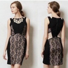 ANTHROPOLOGIE Paneled Lace Dress by Maeve Black Nude Sheath Sz 4 $188 Pencil