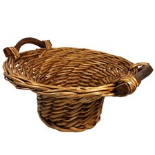 Vintage Round Wicker Flared Basket with Wood Handles 15" Wide 7" Deep