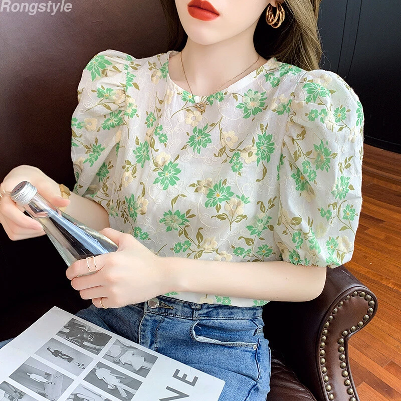 Korean Women Floral Retro Puff Sleeve Flower Summer Casual Soft Top Blouse Shirt