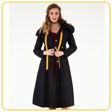 Voodoo Vixen Molly Speckled Wool Black Yellow Fur Trim Long Coat - Large Uk 14