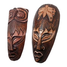 African Owl Butterfly Carved Wood Mask Tribal Wall Hanging Folk Art Set 8 inch