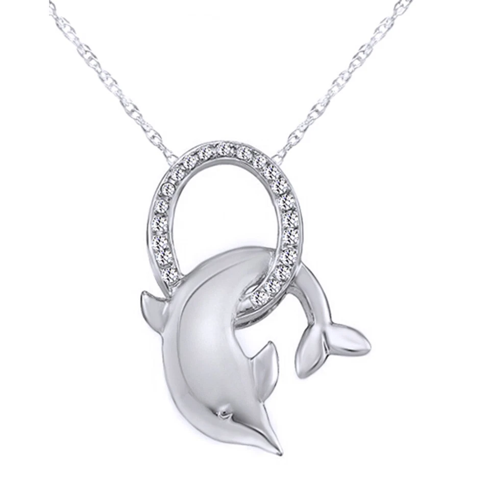 Collar colgante con dije de delfín saltador diamante real cadena de oro blanco de 10 quilates de 18" Foto 2 de 4