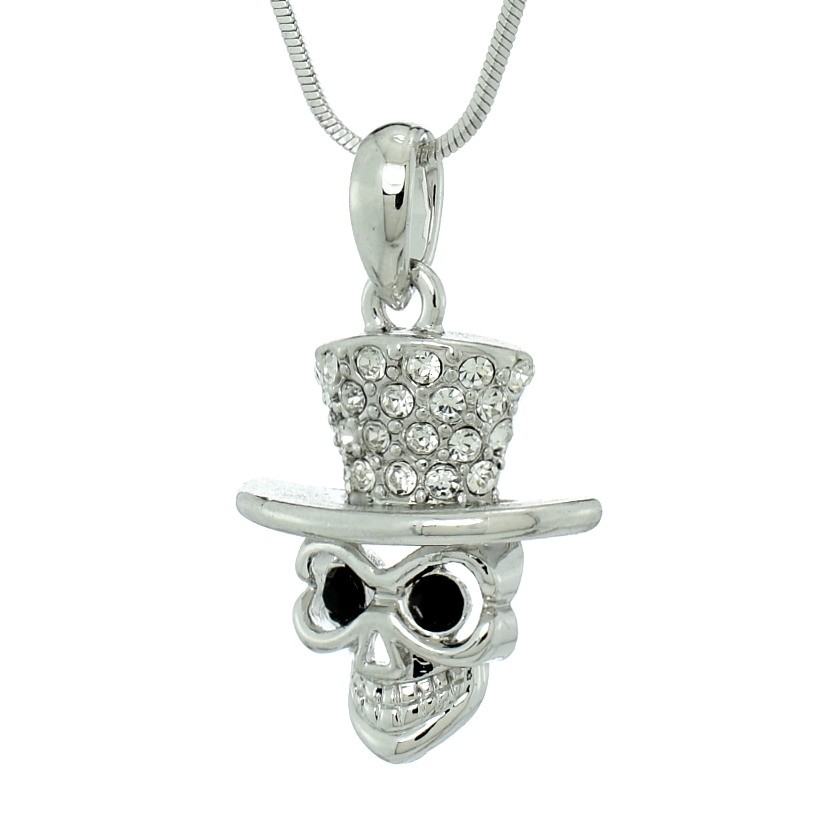 Gothic Skull Hat Swarovski Crystal Pendant Necklace with 18 Inch Chain