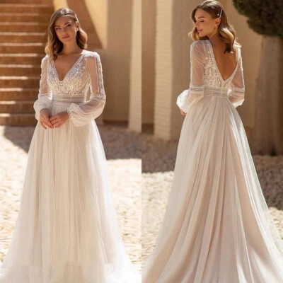 lvory Brautkleid Boho Hochzeitskleid Langarm V-Ausschnitt A-Linie 38 40 42 44 46 - Bild 1 von 4