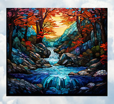 Fall Trees  Stream Faux Stained-Glass WINDOW CLING Size 9.1" Vinyl