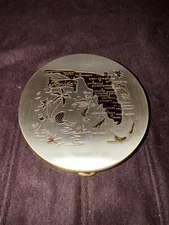 1950-60s Florida Engraved Mirrored Lid Refillable Compact Case Dolphin,Alligator