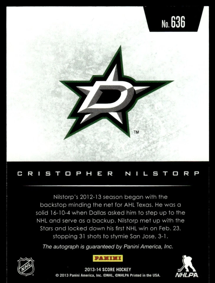 2013-14 Score Hot Rookie Signatures Cristopher Nilstorp Auto Dallas Stars #636 - Image 2 of 2