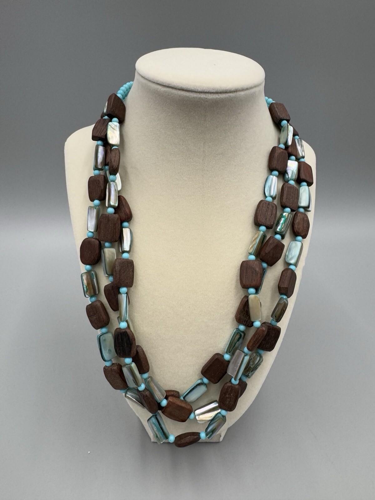Layered Rectangular Beaded Brown & Teal Necklace … - image 1
