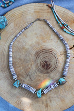 Turquoise, Olive Shell Heishi & Sterling Silver BeadNecklace 18