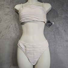 Zaful Small Strapless Textured Bandeau Bikini Set Swimsuit Cheeky Solid Lace Up