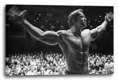 Wandbild Arnold Schwarzenegger in Siegerpose Arme hebend peitscht Publikum an