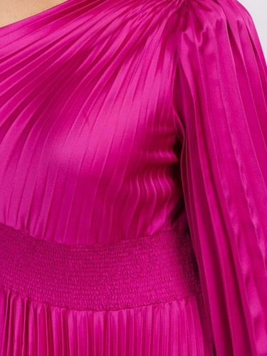 Plus Size One Shoulder Long Bell Sleeve Smock Waist Pleated Midi Dress Magenta - Picture 4 of 14