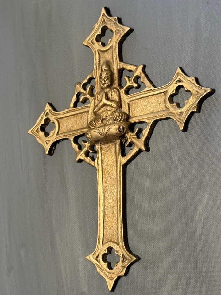 Antigua cruz japonesa de bronce con la figura de Amida Nyorai, siglo XVIII 9X7" Foto 3 de 4