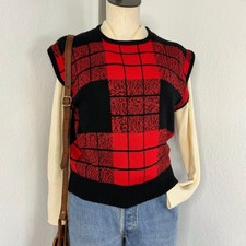 Red Red and Black Plaid Crew Neck Sweater Vest Size Small