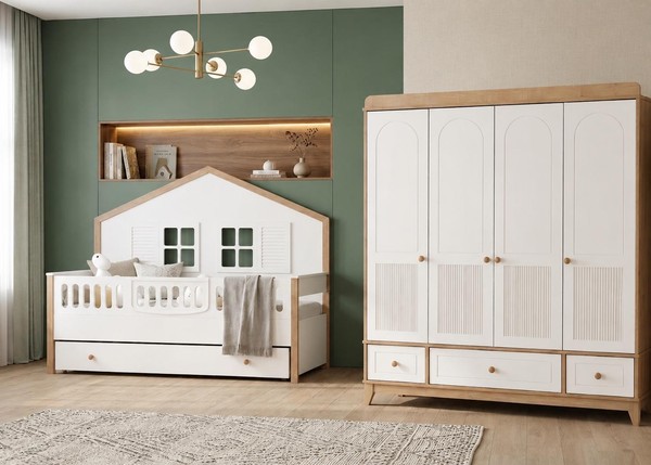 Skandinavian Kinderbett Mit Hausform Und Passendem Kleiderschrank-image