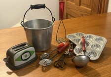 Vtg Antique Lot Child's Kitchen Toys Milk Bucket Utensils Toaster Muffin Pans