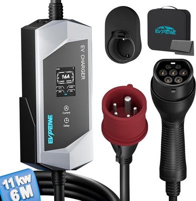 Wallbox 11KW 6M EV Ladegerät Typ2 a CEE 16A 3-Phasig für Model 3/Y, ID.5, Silber