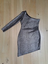 Lipsy Fleur East Dress UK12 GOLD Silver Foil One Shoulder Asymmetric BNWT