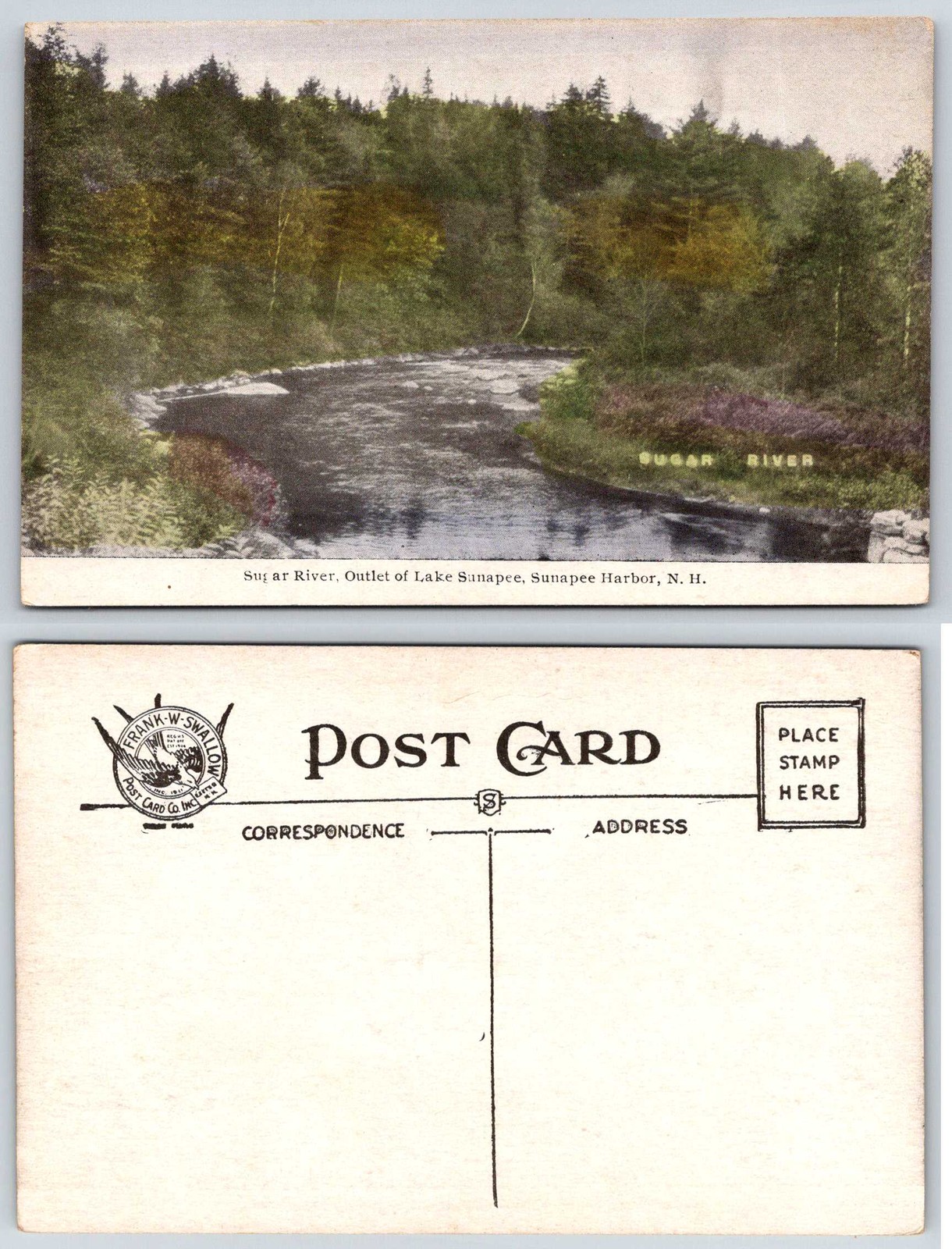 Sunapee Harbor New Hampshire Sugar River Outlet Of Lake Sunapee Postcard AE770
