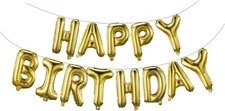 Gold Happy Birthday Balloons Banner 16" Mylar Foil Letters, Reusable Party Decor