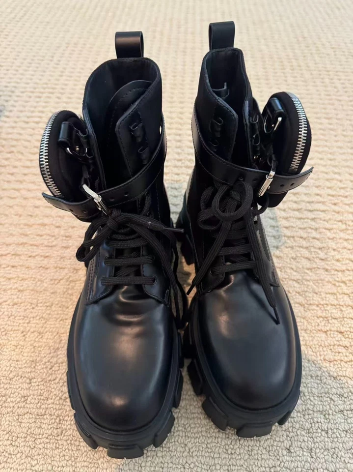 Prada Monolith Combat Boots Size 38 Black Leather & Nylon with Removable Pouch - Image 2 of 4