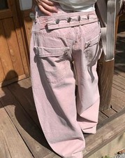 Women's Pink Cotton Blend Straight Leg Button Pants Casual Fashion Trousers Punk