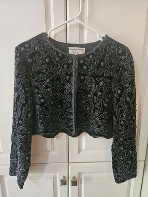 Vintage 90s Adrianna Papell Evening 100% Silk Black Beaded Cropped Bolero Jacket