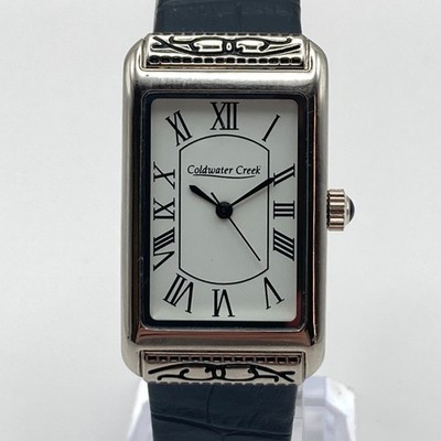 Coldwater Creek Womens Tank Watch 19mm Silver Tone Black Leather New Battery