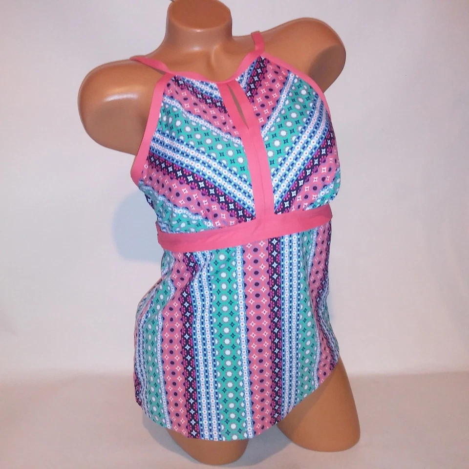 Camiseta Tankini de Natación Lands End Talla 12 Rosa Azul Geo Ligeramente Forrada Inalámbrica Foto 2 de 4