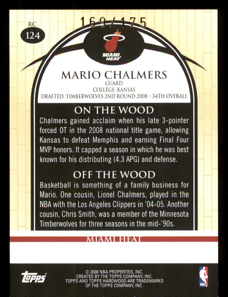 2008-09 Topps Hardwood Maple #124 Mario Chalmers 2 Balls /175 - Image 2 of 2