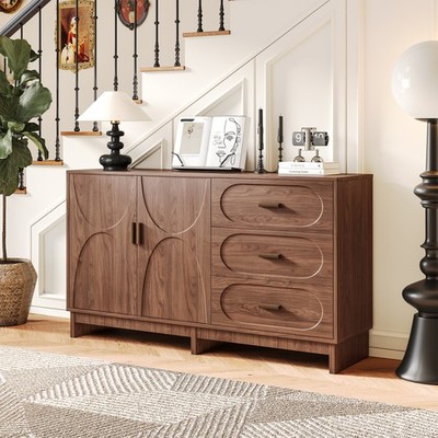Walnut Finish Buffet Sideboard with Doors & Drawers for Dining Room