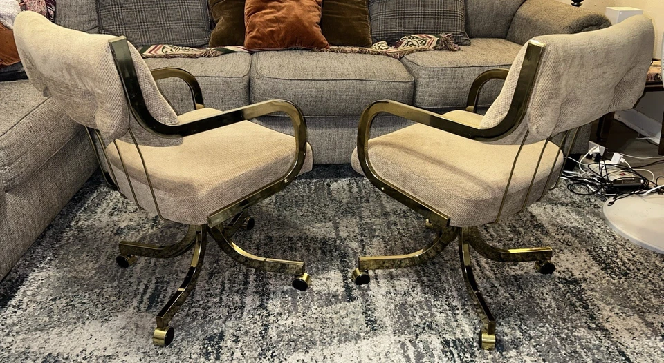 Vintage Hollywood Regency Chromcraft Brass Style/Upholstered Rolling Chairs Set - Image 4 of 4
