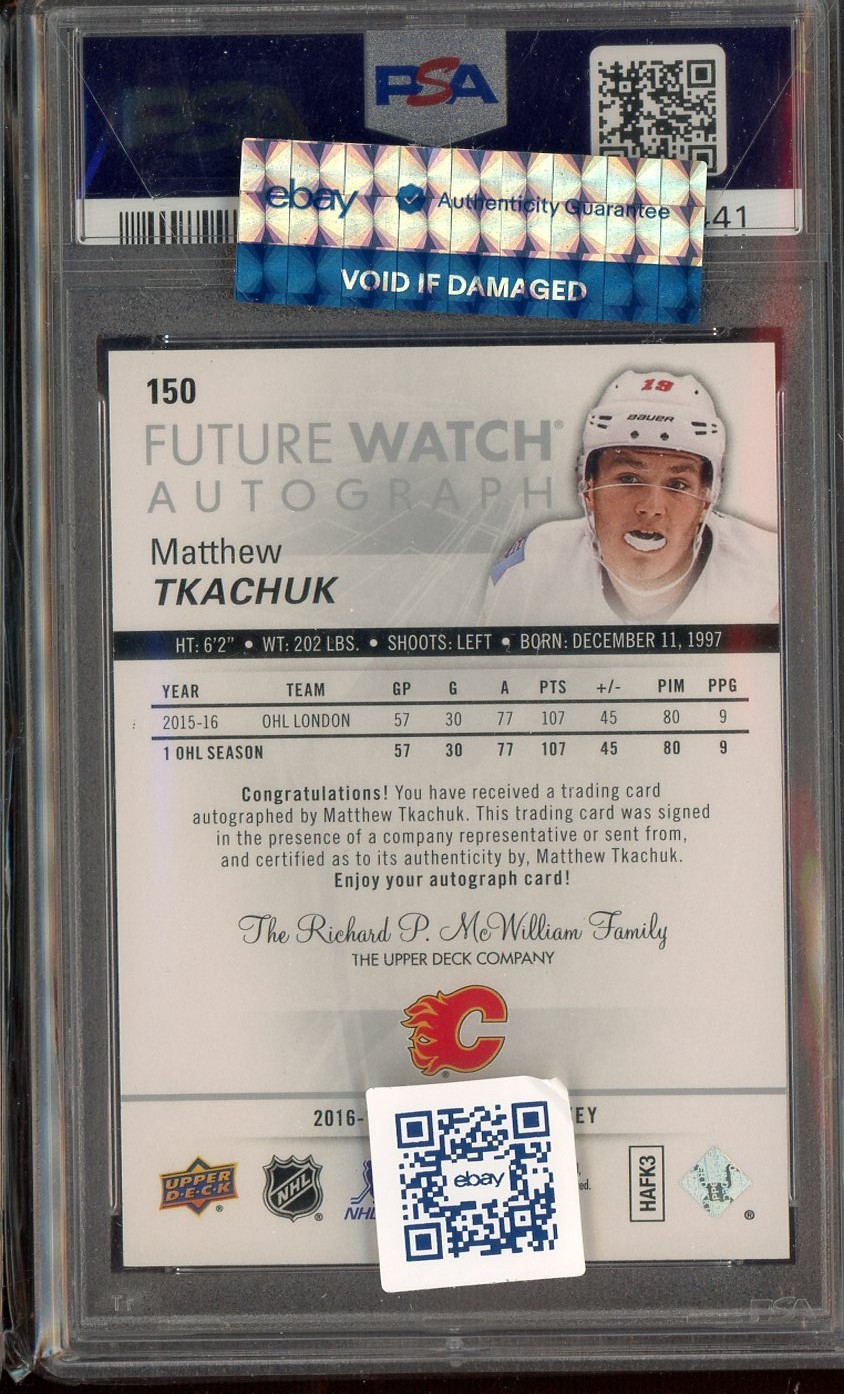 2016 SP Authentic Hockey Matthew Tkachuk Flames RC Rookie AUTO /999 PSA 9 view 2