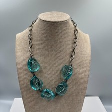 Vintage Mid Century Blue Art Glass Statement Necklace Silver Tone Chunky Boho