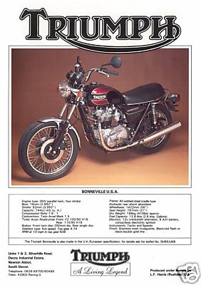 TRIUMPH Brochure T140 Bonneville Harris USA 1986 on Catalog