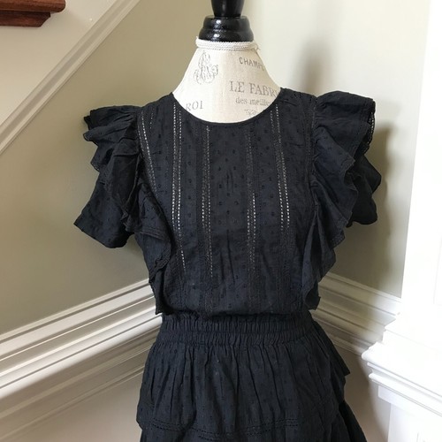 LoveShackFancy Natasha Mini Abito Donna XS Nero Cotone Increspato Manica Corta - Foto 3 di 11