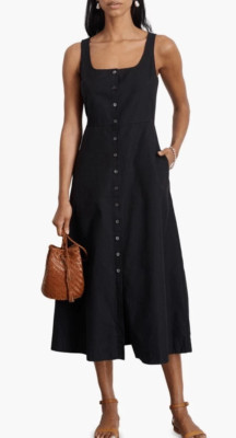 Alex Mill Piper Square Neck Cotton Blend Midi Dress in Rich Black Size L  - NWT