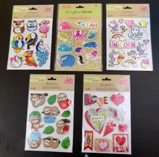 Lot Of 5~Crafter's Square Stickers~Pop-Up~Glitter~Birds-Unicorns-Love-Sloth~New