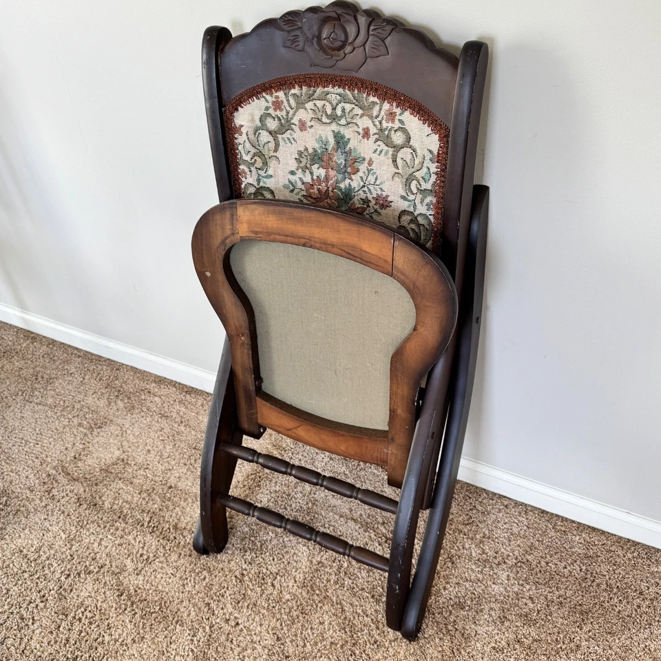 Asiento de banco de madera victoriano y mecedora plegable tapicería antigua Foto 4 de 4