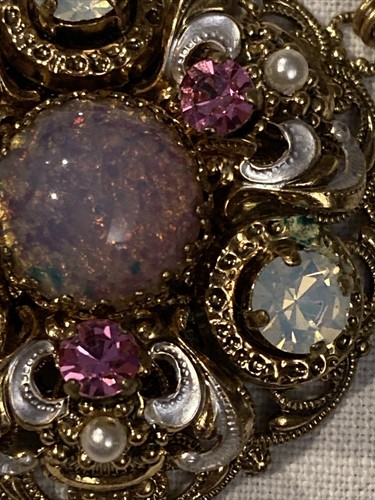 Vintage West Germany Glassfoiled Opal Necklace Moonstone Rhinestones Filigree - Picture 2 of 8