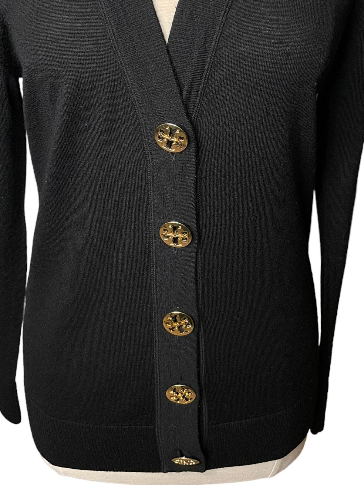 Tory Burch Simone Merino Wool Cardigan Black Large Gold Logo Buttons Preppy  | eBay