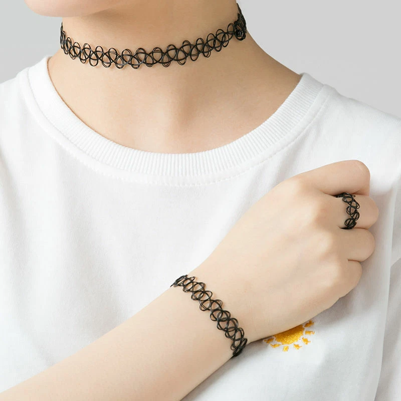 Retro Stretch Tattoo Choker Necklace Bracelet Ring Black Elastic Jewelry 1 Set